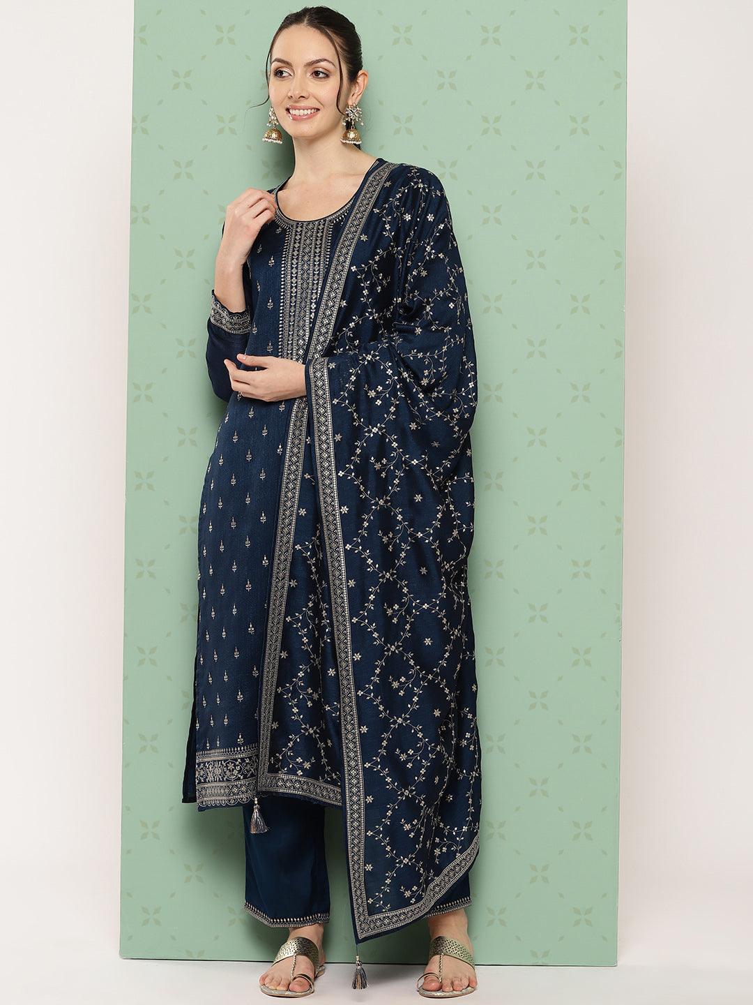 Navy Blue Embroidered Silk Blend Straight Kurta With Trousers & Dupatta - Libas