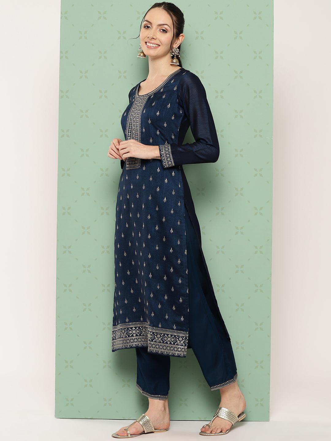 Navy Blue Embroidered Silk Blend Straight Kurta With Trousers & Dupatta - Libas 