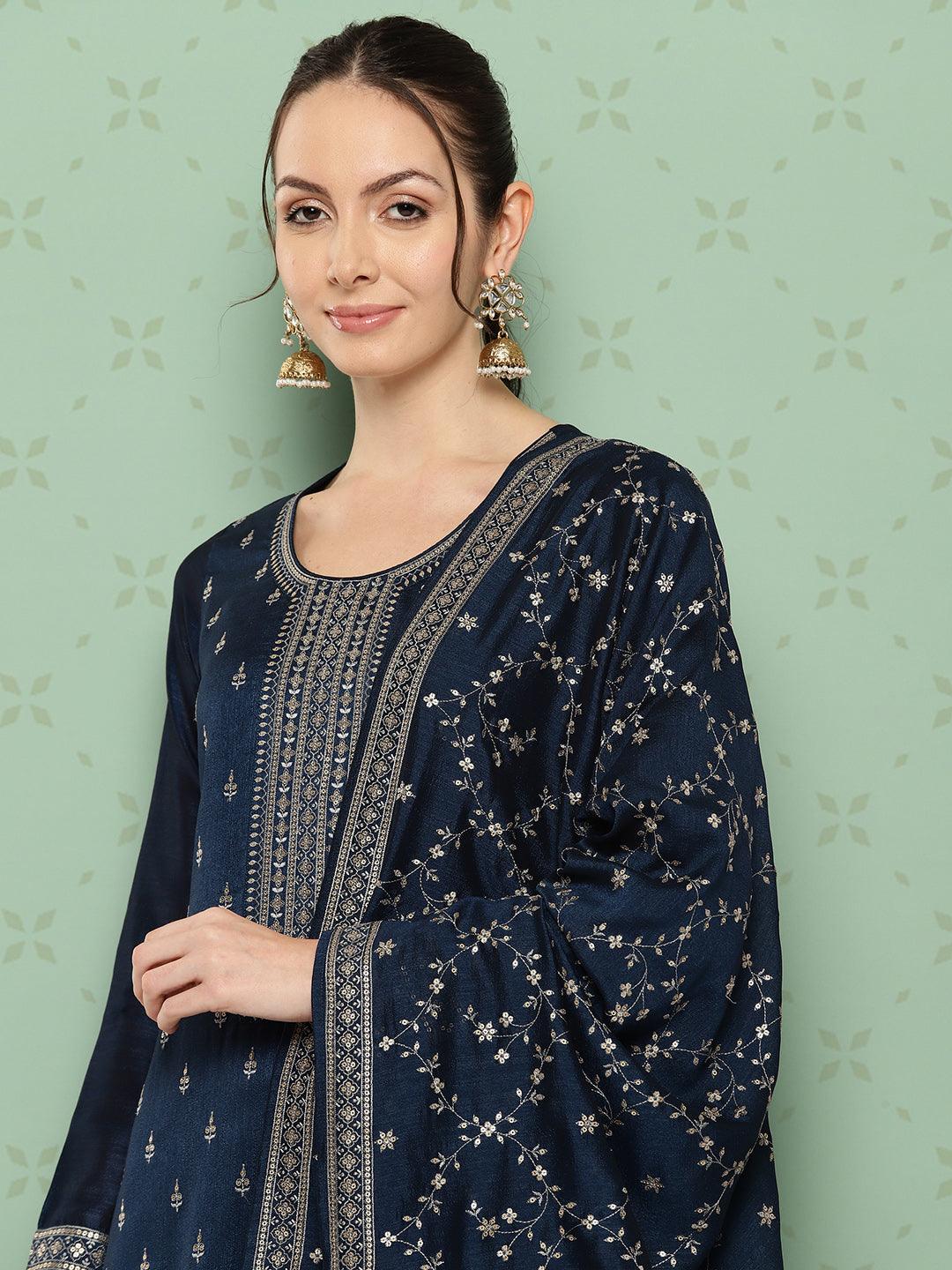 Navy Blue Embroidered Silk Blend Straight Kurta With Trousers & Dupatta - Libas 