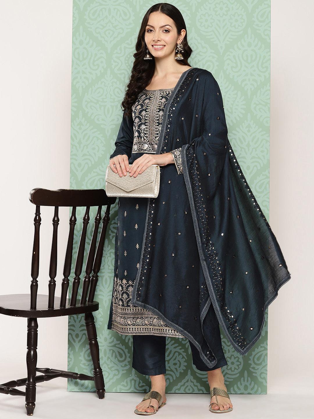 Navy Blue Printed Silk Straight Kurta With Trousers & Dupatta - Libas