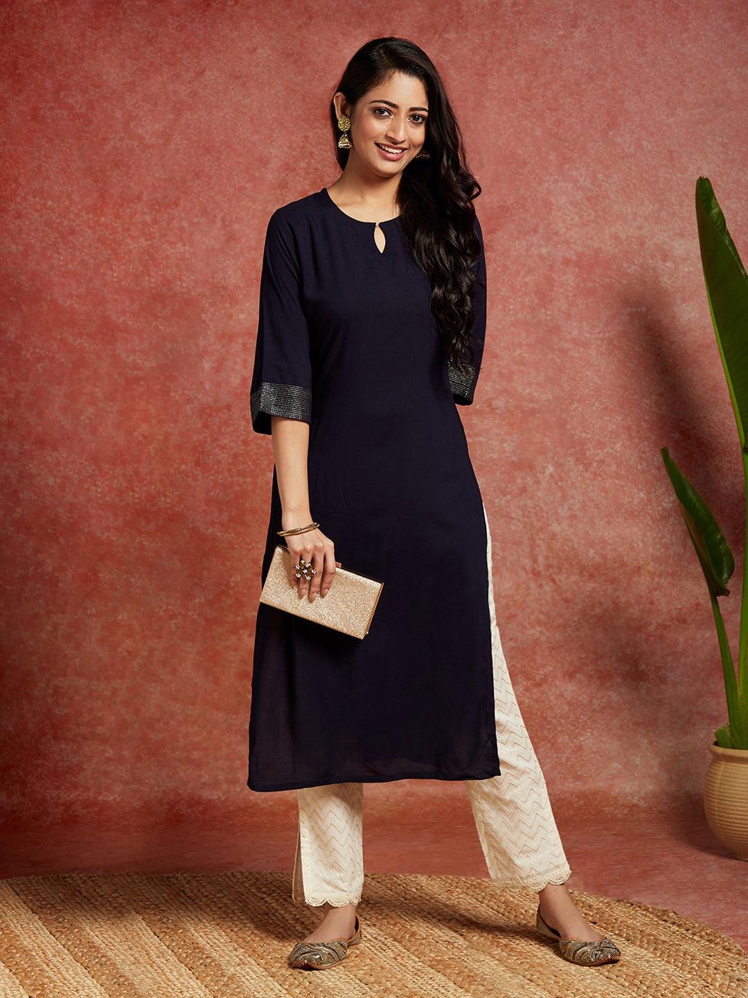 Navy Blue Solid Rayon Straight Kurta - Libas