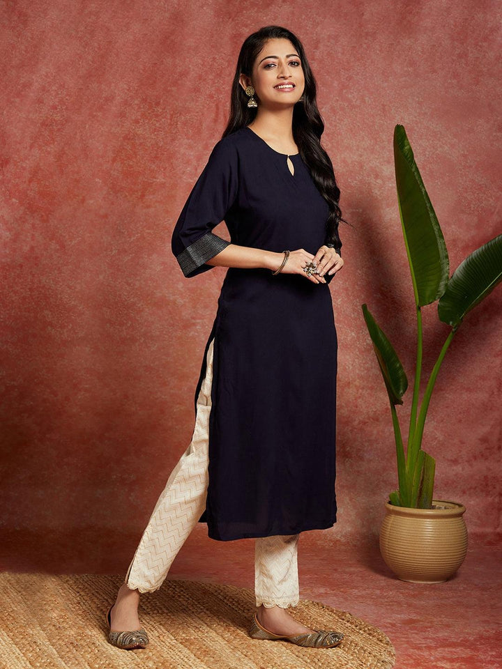 Navy Blue Solid Rayon Straight Kurta - Libas