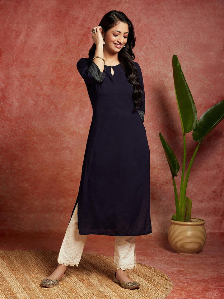 Navy Blue Solid Rayon Straight Kurta - Libas