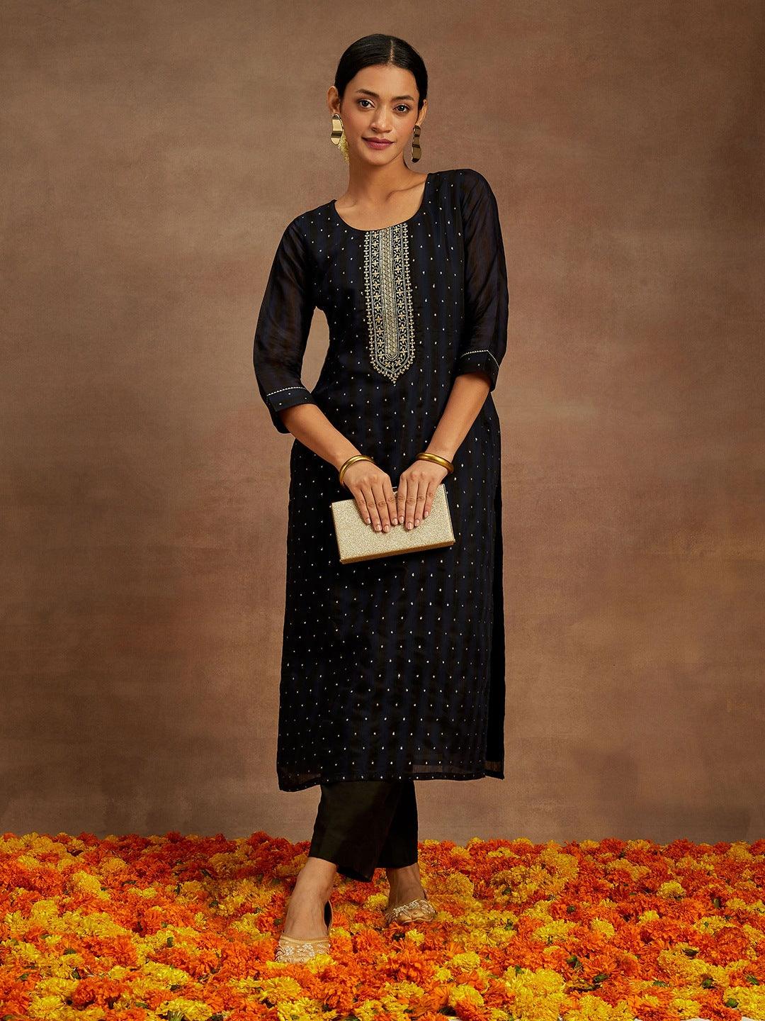 Navy Blue Woven Design Chanderi Silk Straight Kurta - Libas