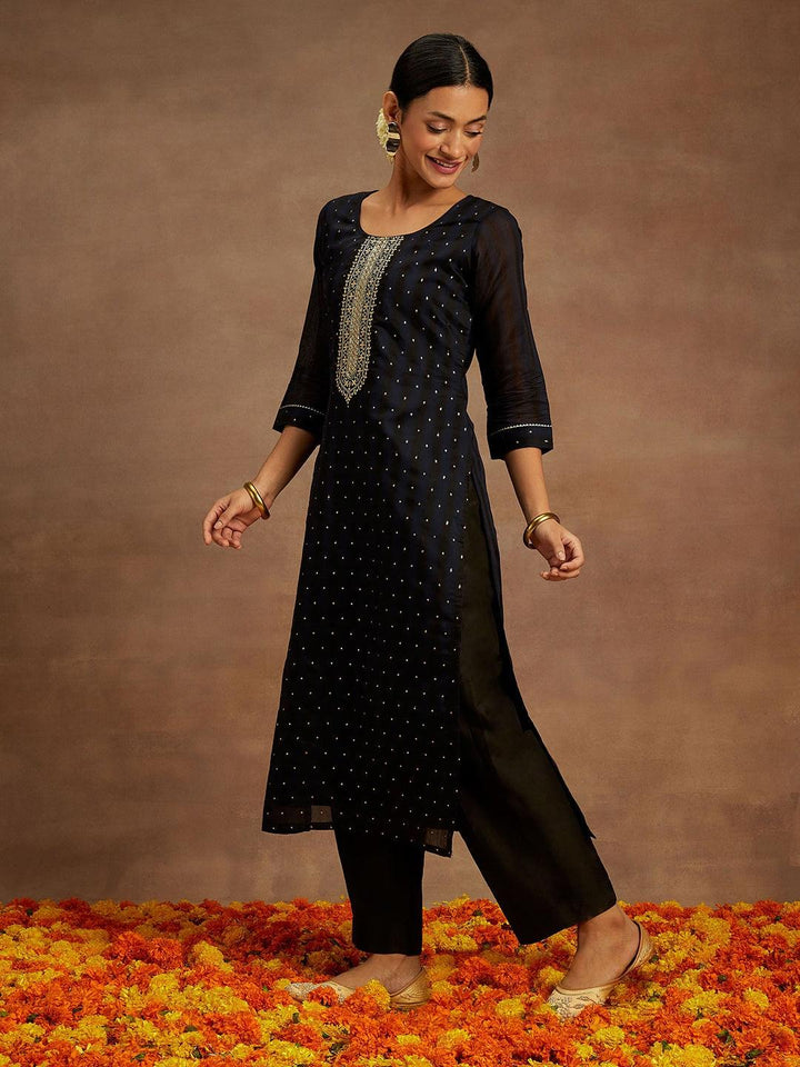 Navy Blue Woven Design Chanderi Silk Straight Kurta - Libas