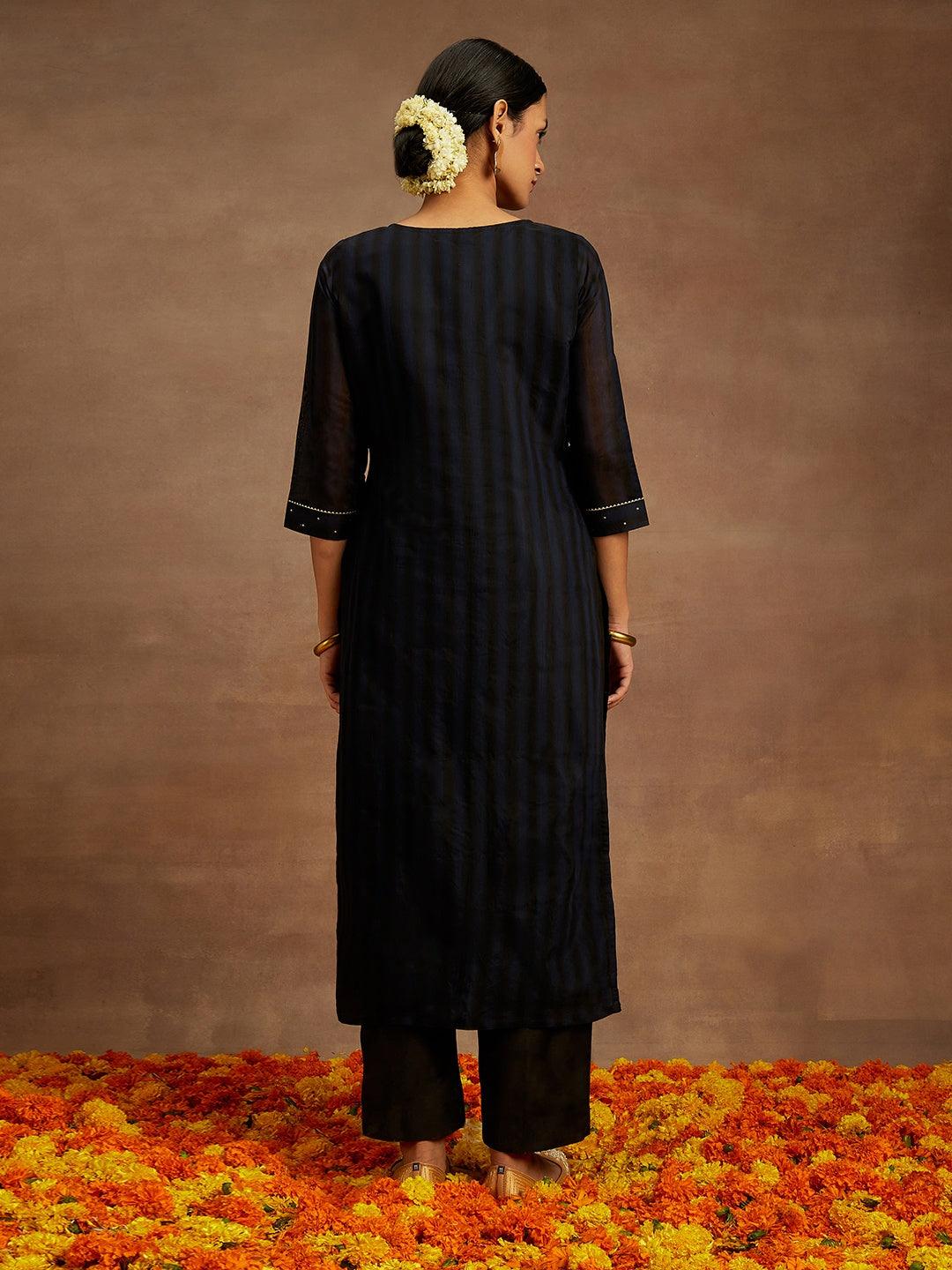 Navy Blue Woven Design Chanderi Silk Straight Kurta - Libas