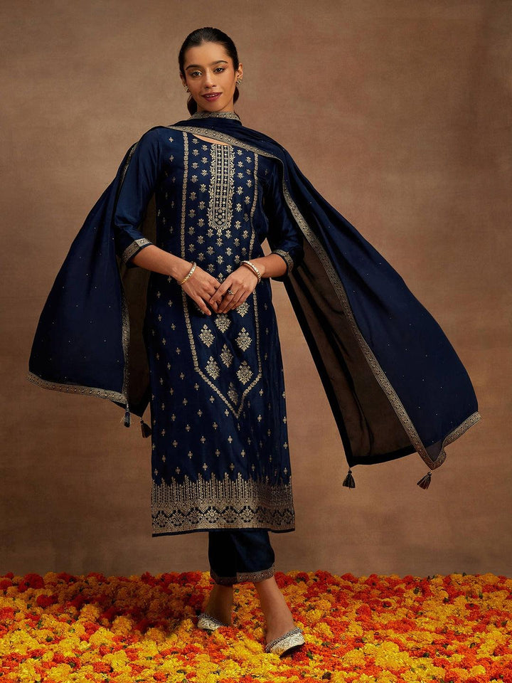 Navy Blue Woven Design Silk Blend Straight Kurta With Trousers & Dupatta - Libas