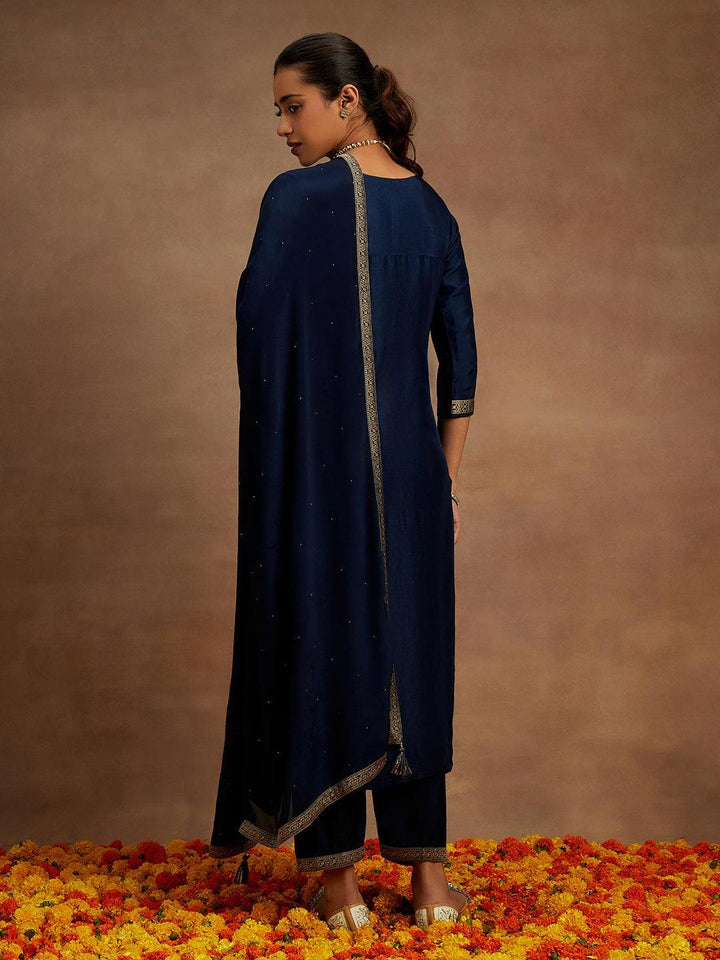 Navy Blue Woven Design Silk Blend Straight Kurta With Trousers & Dupatta - Libas