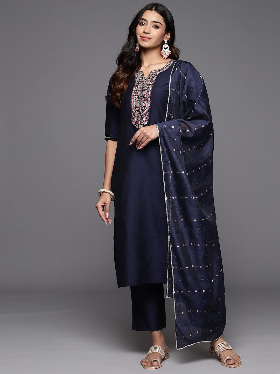 Navy Blue Yoke Design Silk Blend Straight Kurta With Trousers & Dupatta - Libas 