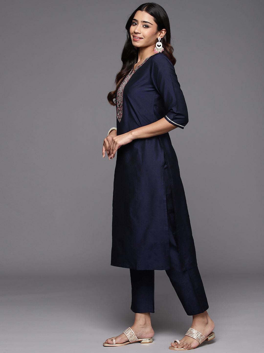 Navy Blue Yoke Design Silk Blend Straight Kurta With Trousers & Dupatta - Libas 