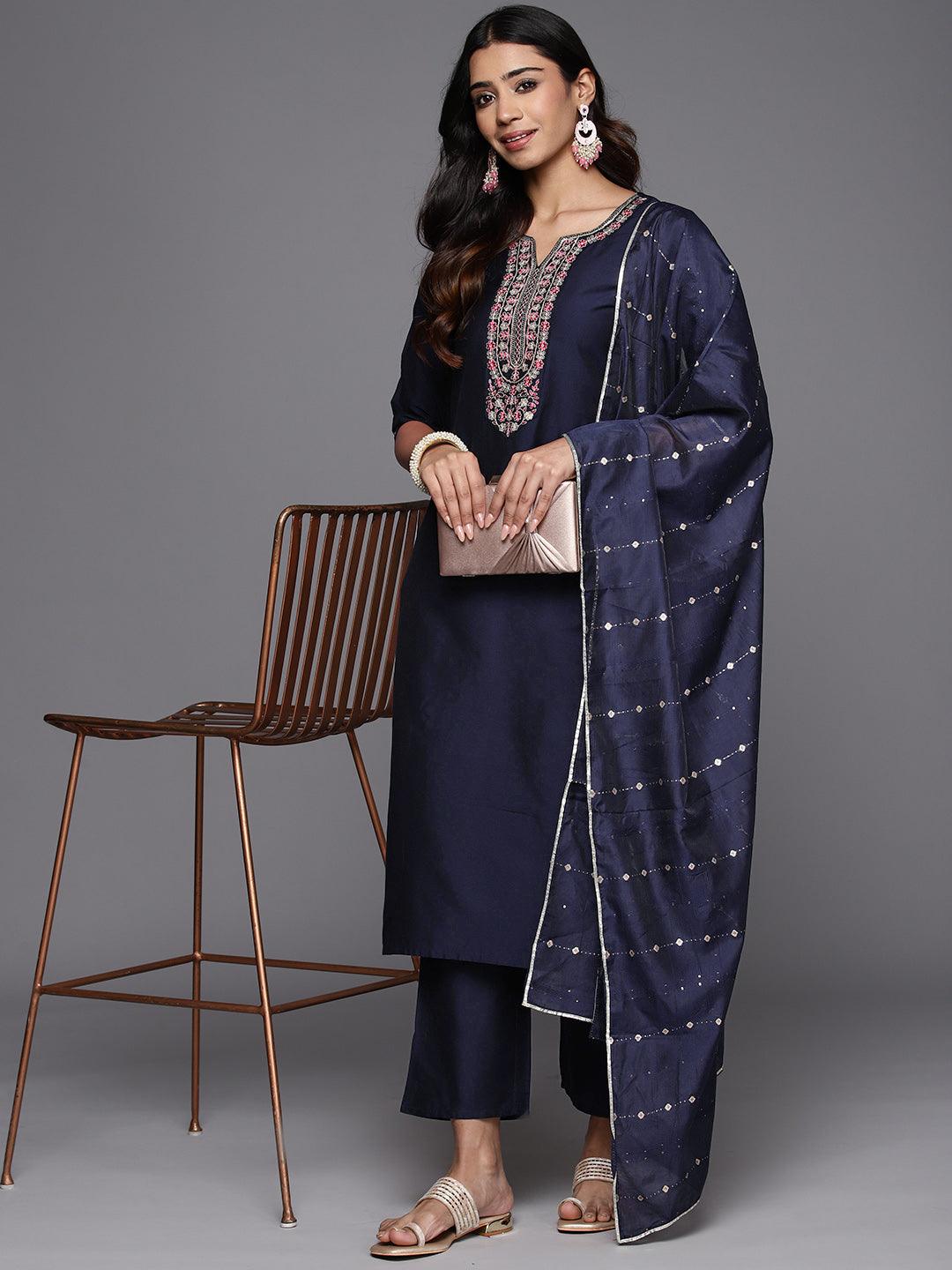 Navy Blue Yoke Design Silk Blend Straight Kurta With Trousers & Dupatta - Libas 