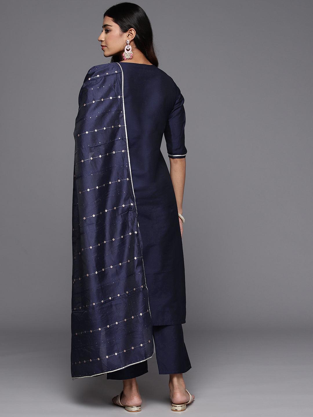 Navy Blue Yoke Design Silk Blend Straight Kurta With Trousers & Dupatta - Libas 