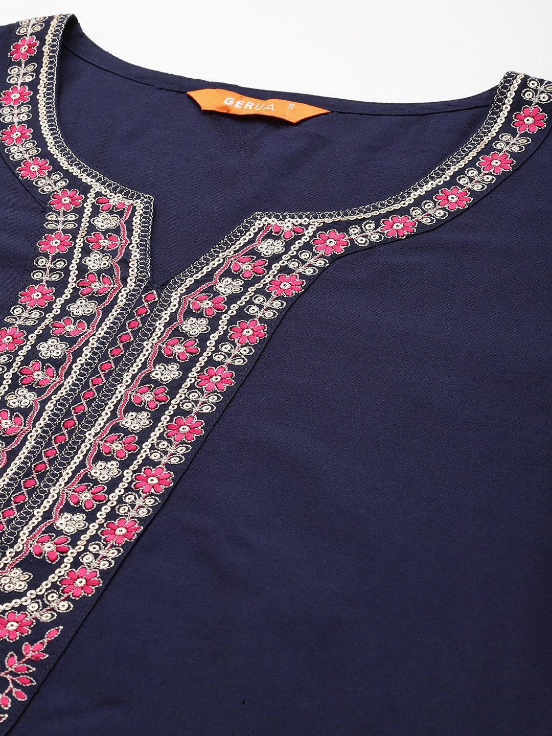 Navy Blue Yoke Design Silk Blend Straight Kurta With Trousers & Dupatta - Libas