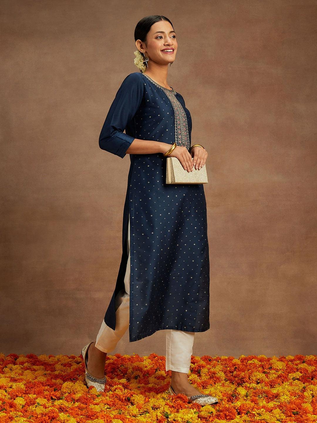 Navy Printed Silk Straight Kurta - Libas