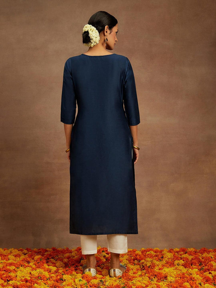 Navy Printed Silk Straight Kurta - Libas