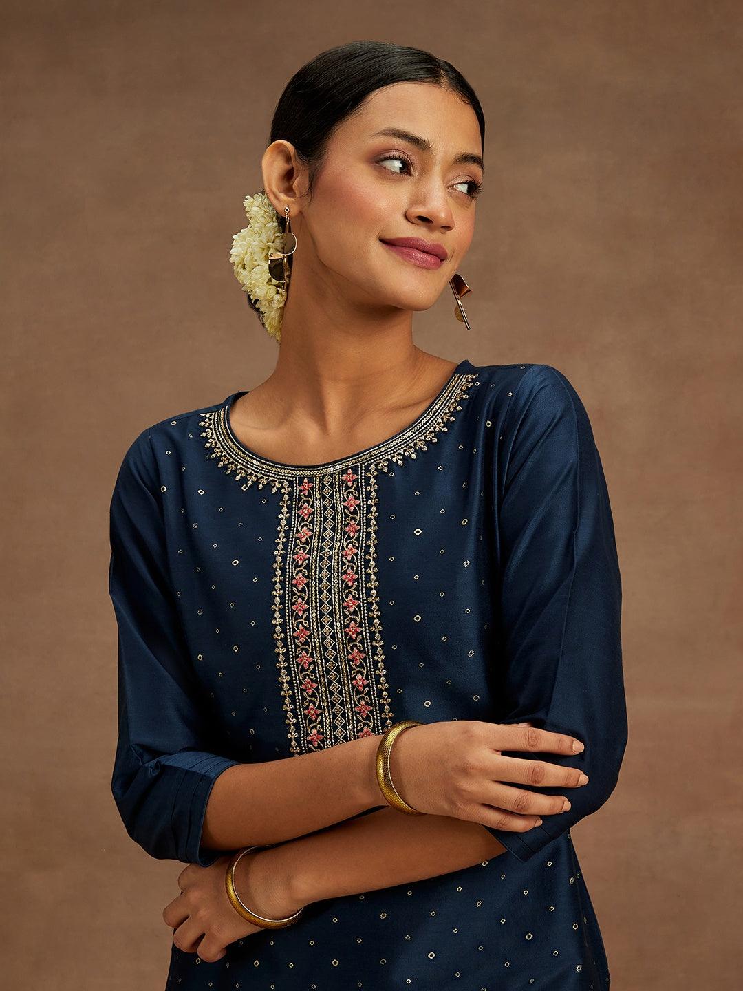 Navy Printed Silk Straight Kurta - Libas