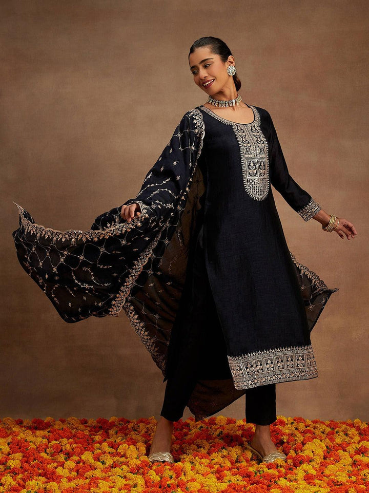 Navy Yoke Design Silk Blend Straight Kurta With Trousers & Dupatta - Libas