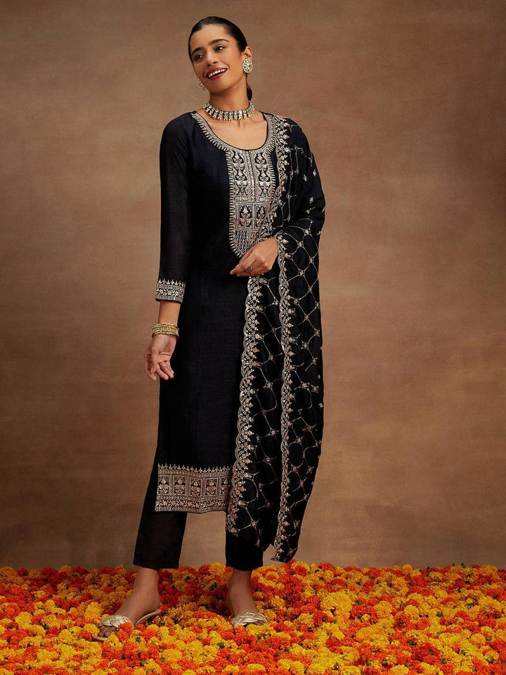 Navy Yoke Design Silk Blend Straight Kurta With Trousers & Dupatta - Libas