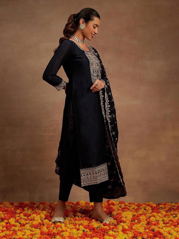 Navy Yoke Design Silk Blend Straight Kurta With Trousers & Dupatta - Libas