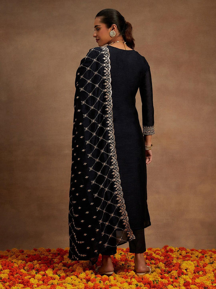 Navy Yoke Design Silk Blend Straight Kurta With Trousers & Dupatta - Libas