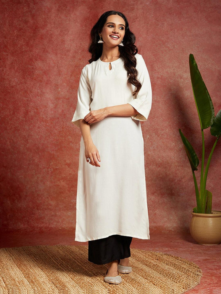 Off White Solid Rayon Straight Kurta - Libas