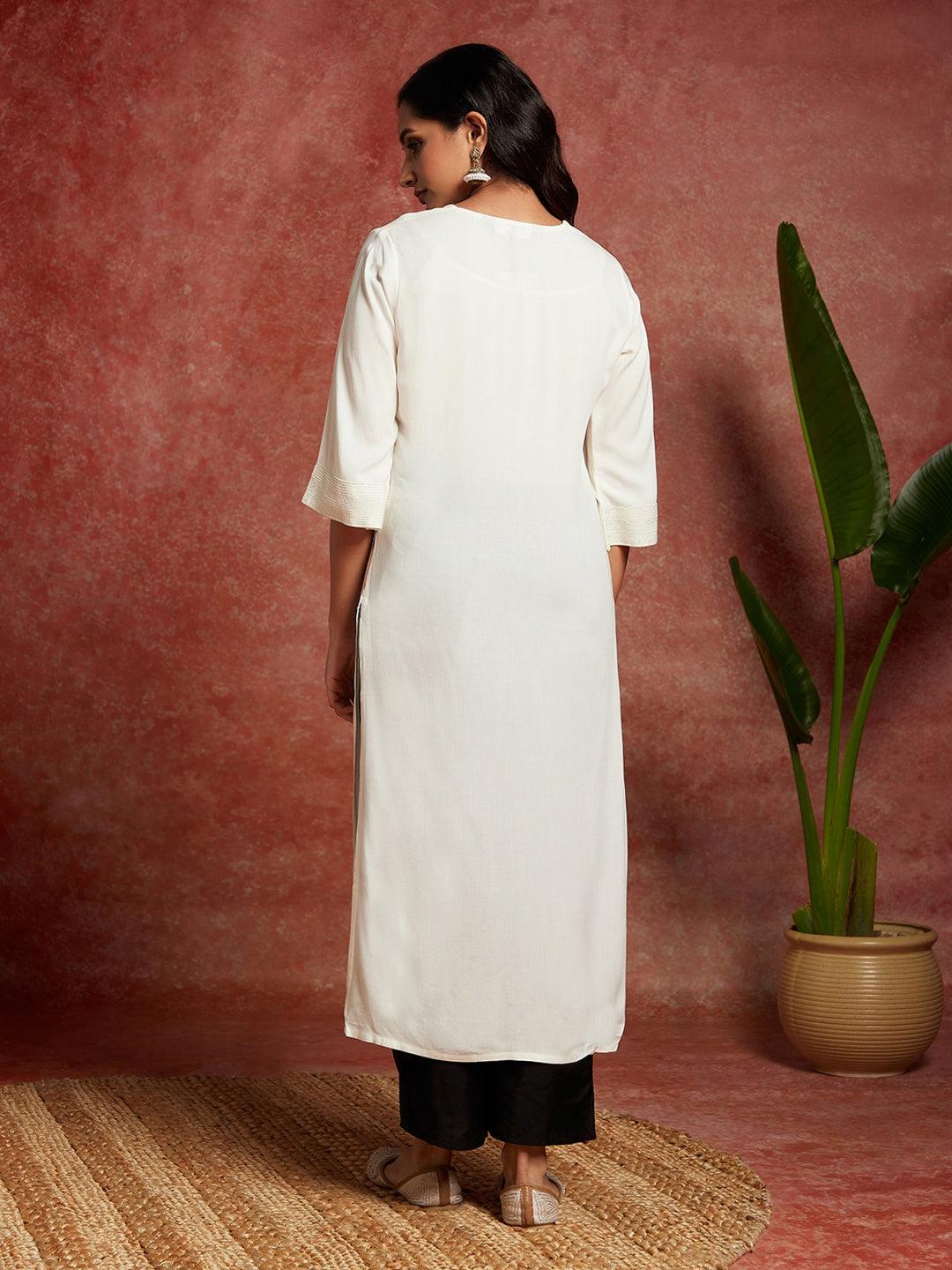 Off White Solid Rayon Straight Kurta - Libas