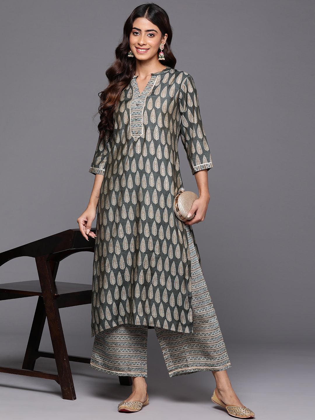 Olive Printed Silk Blend Straight Kurta With Palazzos - Libas