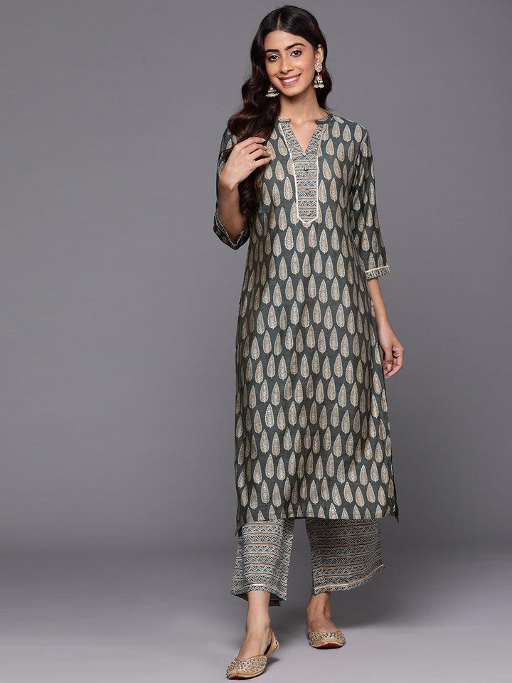 Olive Printed Silk Blend Straight Kurta With Palazzos - Libas