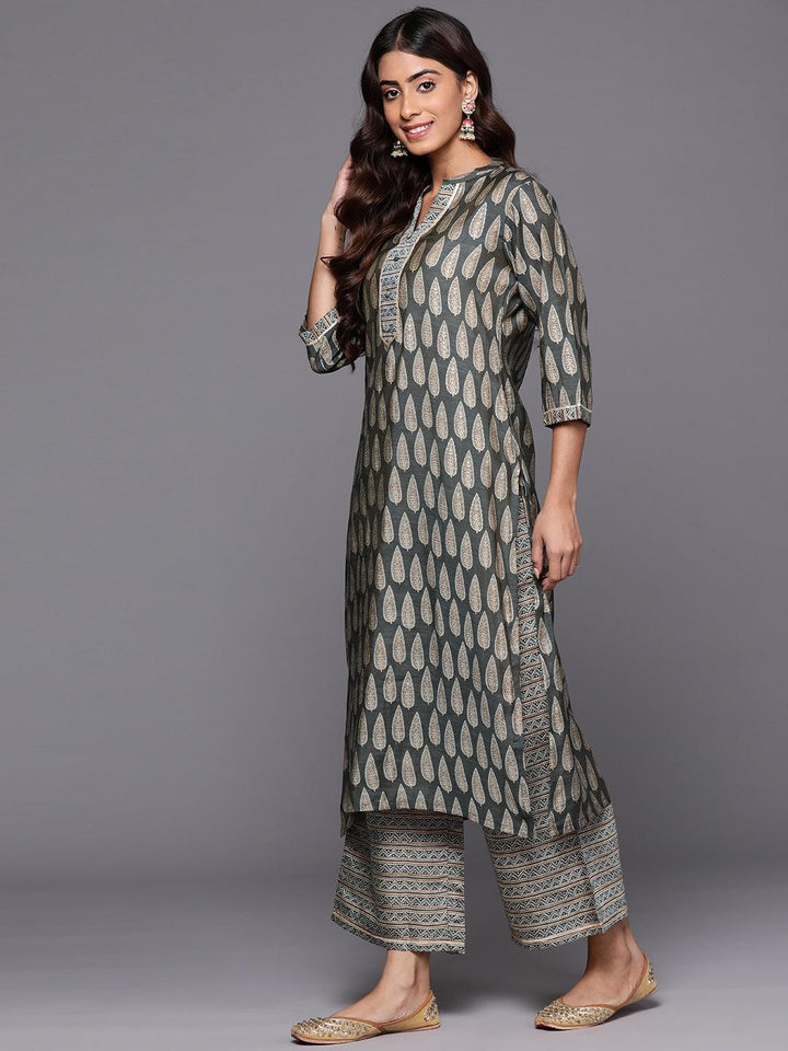 Olive Printed Silk Blend Straight Kurta With Palazzos - Libas