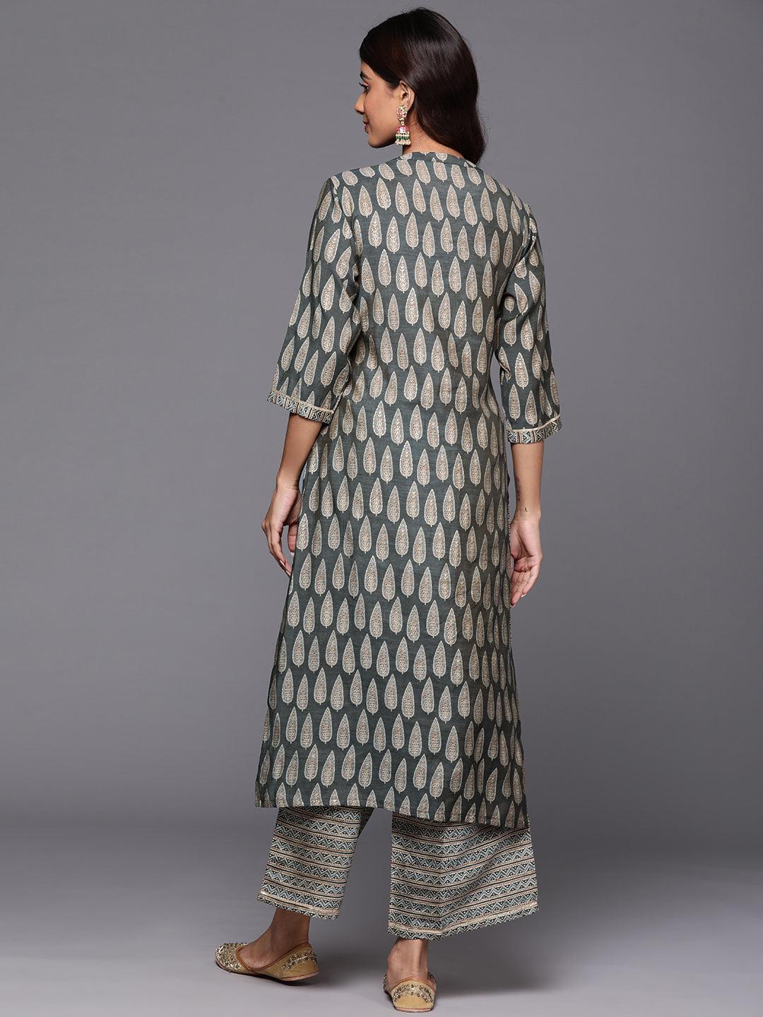 Olive Printed Silk Blend Straight Kurta With Palazzos - Libas