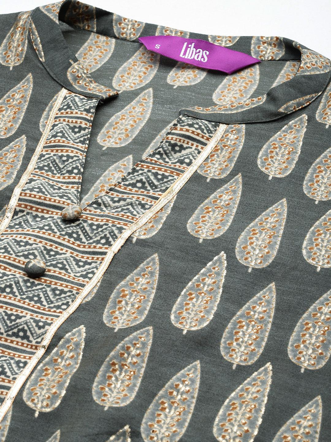 Olive Printed Silk Blend Straight Kurta With Palazzos - Libas