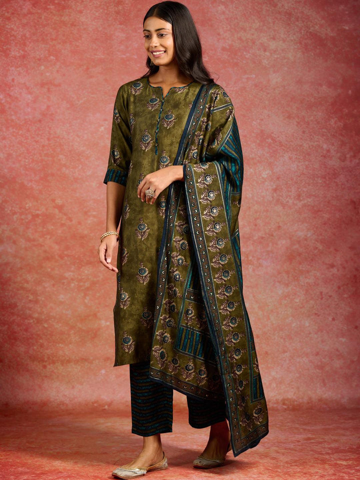 Olive Printed Silk Blend Straight Kurta With Trousers & Dupatta - Libas