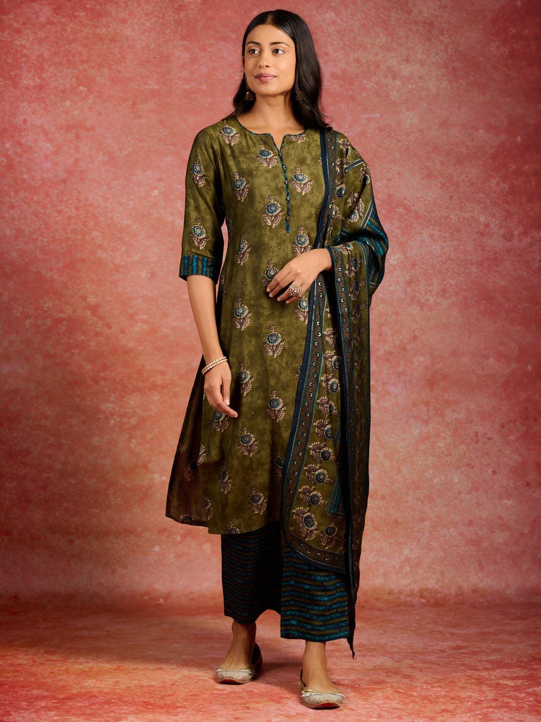 Olive Printed Silk Blend Straight Kurta With Trousers & Dupatta - Libas 