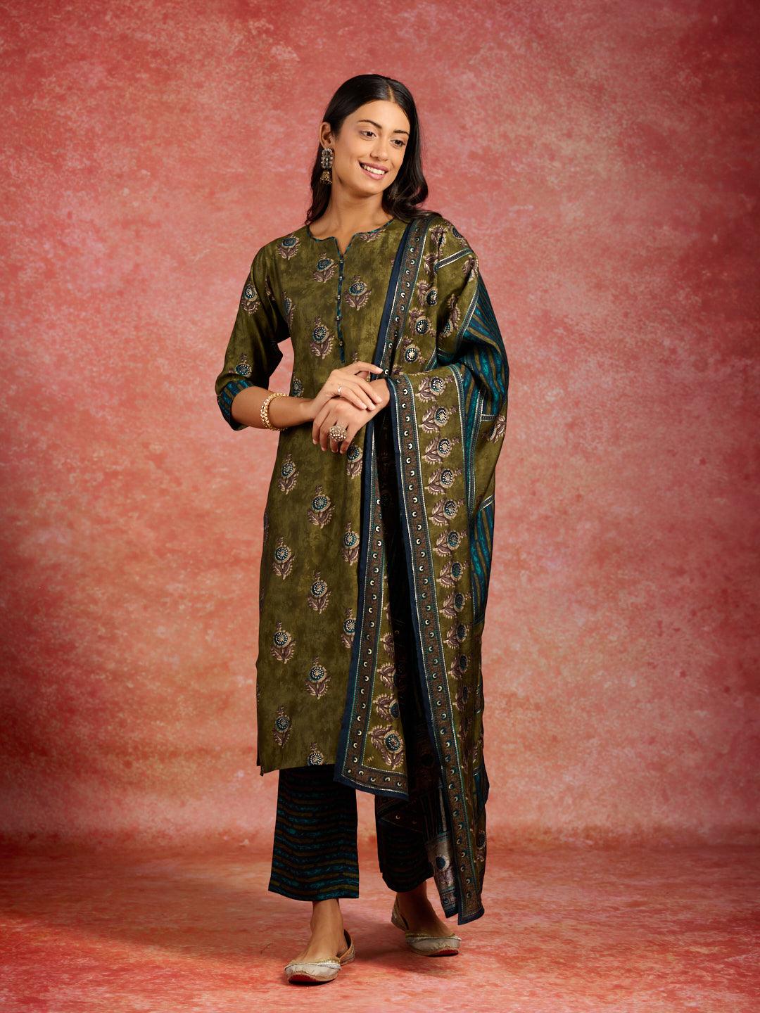 Olive Printed Silk Blend Straight Kurta With Trousers & Dupatta - Libas 