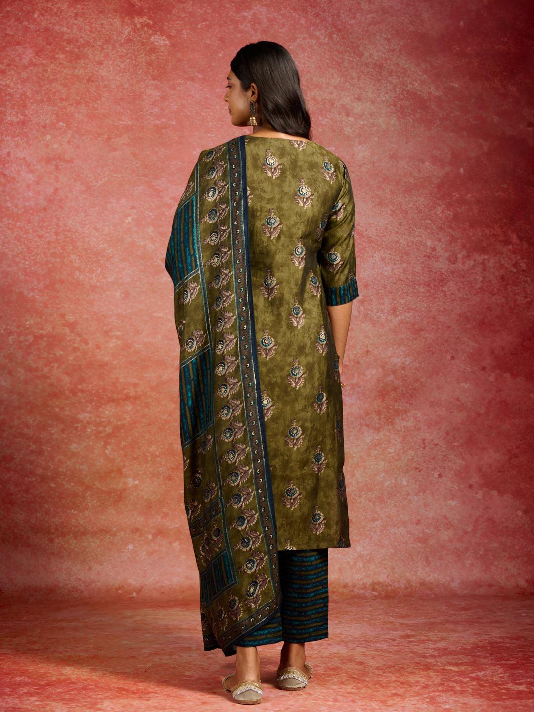 Olive Printed Silk Blend Straight Kurta With Trousers & Dupatta - Libas 