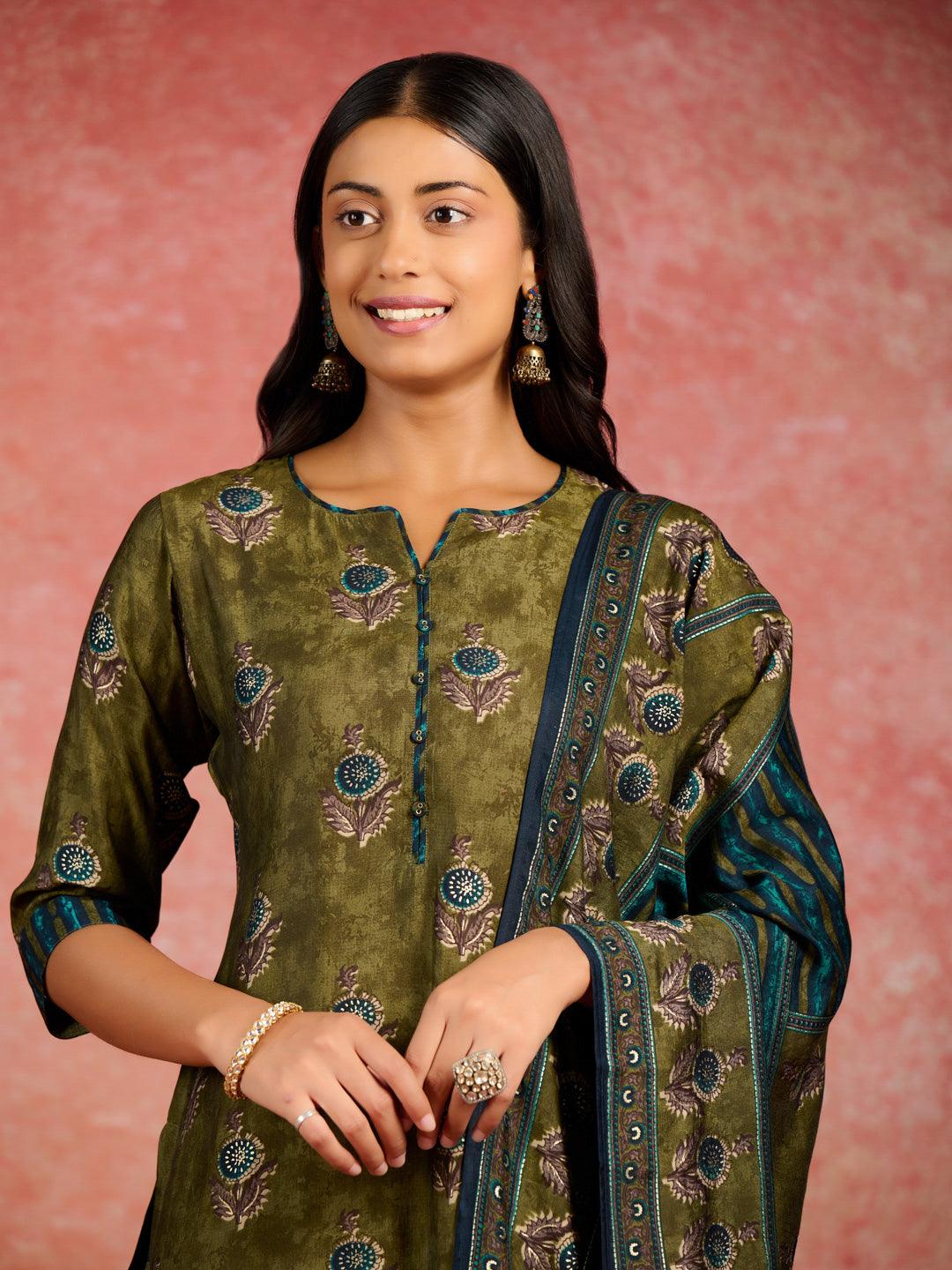 Olive Printed Silk Blend Straight Kurta With Trousers & Dupatta - Libas 