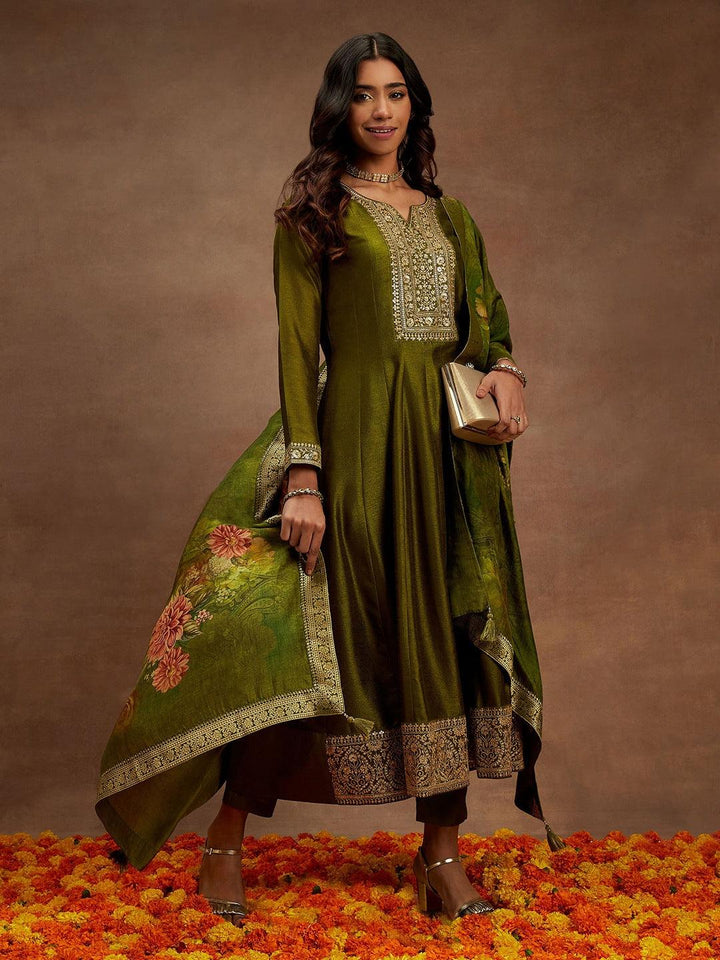 Olive Yoke Design Silk Blend Anarkali Kurta With Trousers & Dupatta - Libas