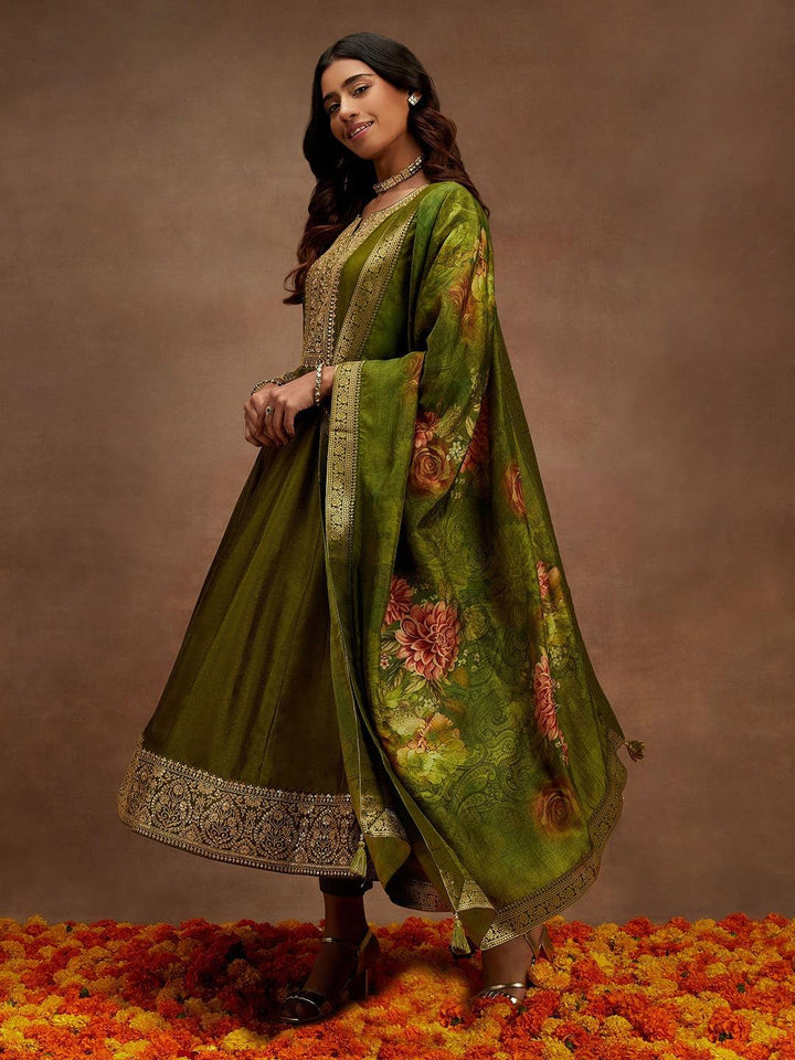 Olive Yoke Design Silk Blend Anarkali Kurta With Trousers & Dupatta - Libas