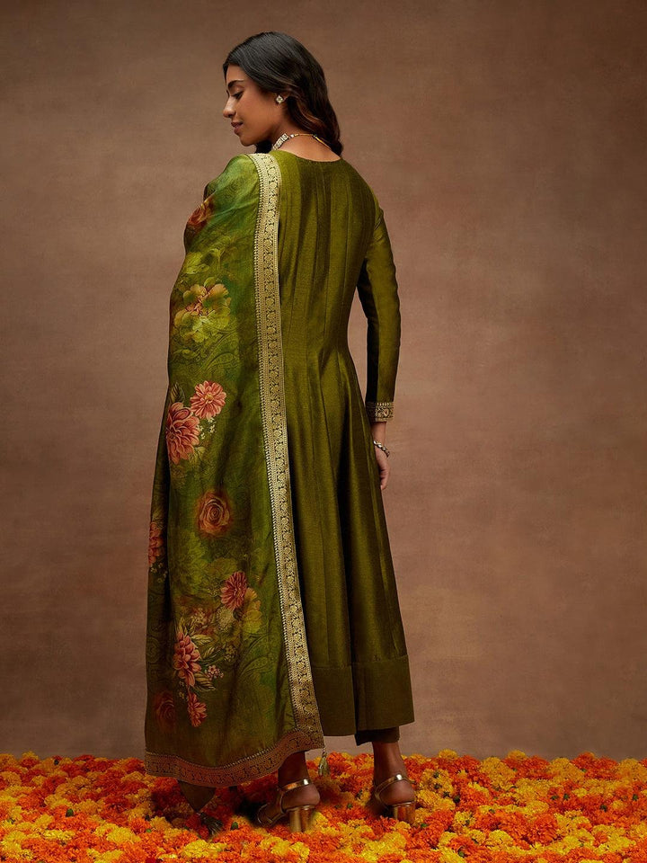 Olive Yoke Design Silk Blend Anarkali Kurta With Trousers & Dupatta - Libas