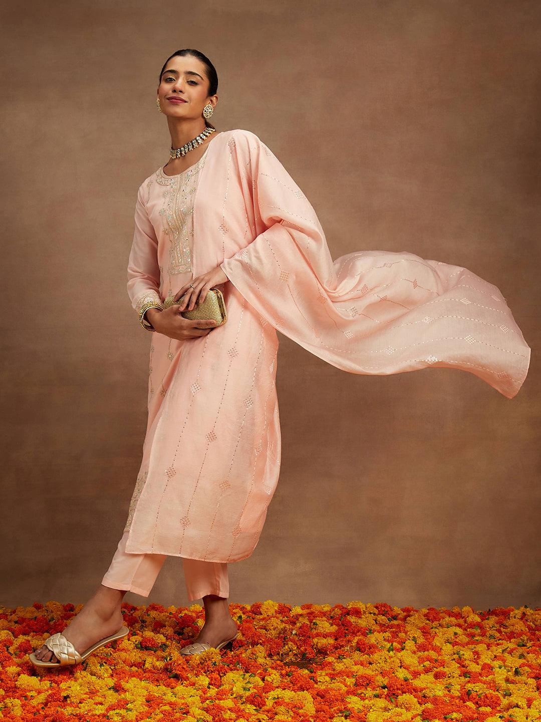 Peach Embroidered Silk Straight Kurta With Trousers & Dupatta - Libas 