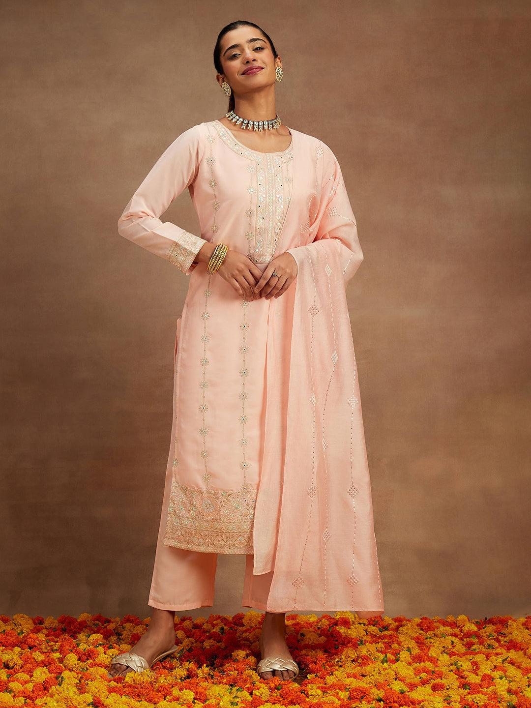 Peach Embroidered Silk Straight Kurta With Trousers & Dupatta - Libas 