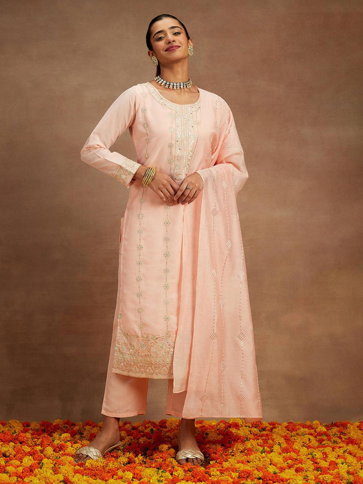 Peach Embroidered Silk Straight Kurta With Trousers & Dupatta - Libas