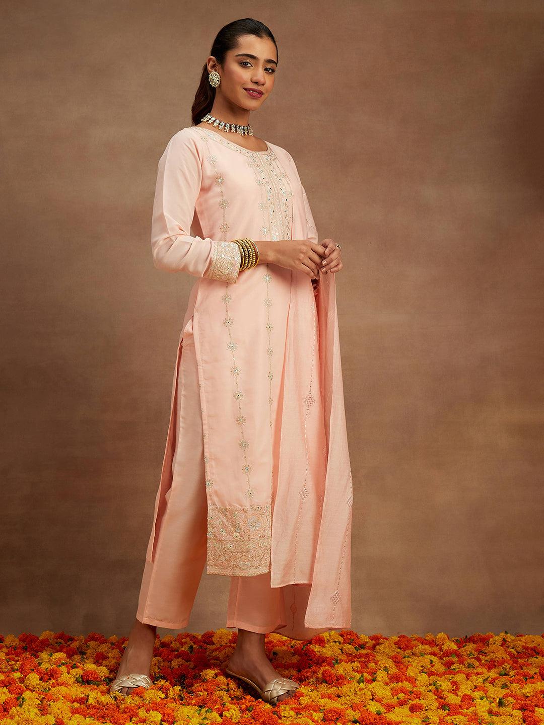 Peach Embroidered Silk Straight Kurta With Trousers & Dupatta - Libas 