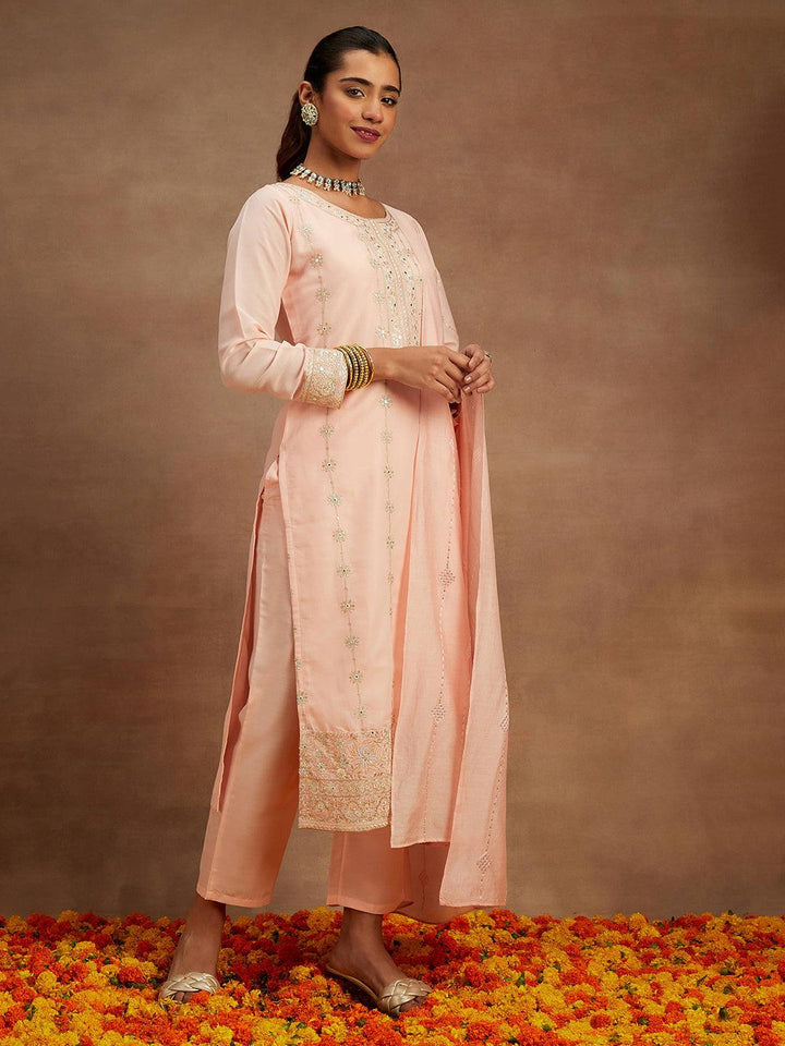 Peach Embroidered Silk Straight Kurta With Trousers & Dupatta - Libas