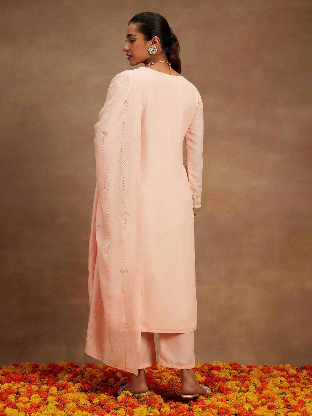 Peach Embroidered Silk Straight Kurta With Trousers & Dupatta - Libas 