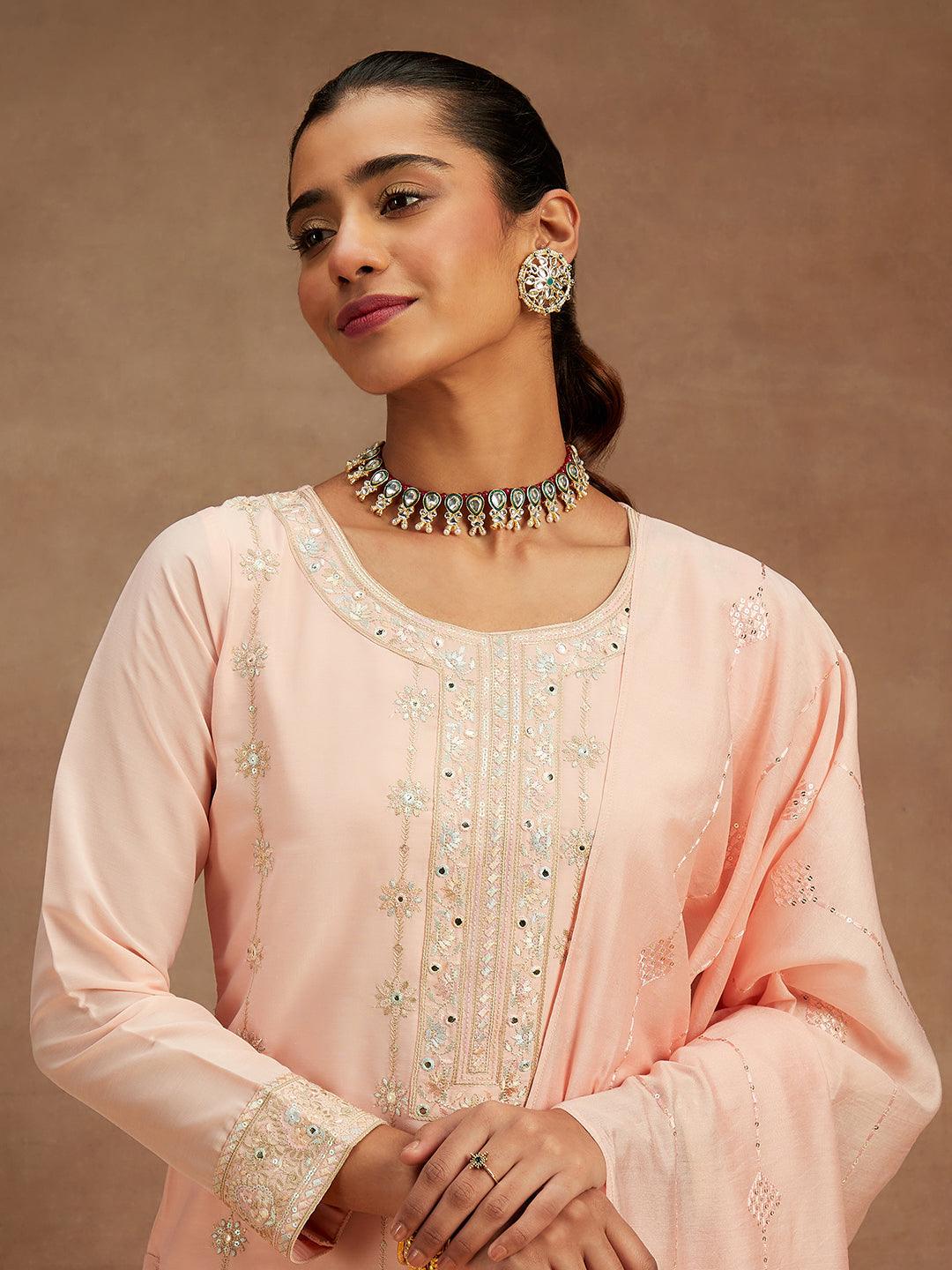 Peach Embroidered Silk Straight Kurta With Trousers & Dupatta - Libas 