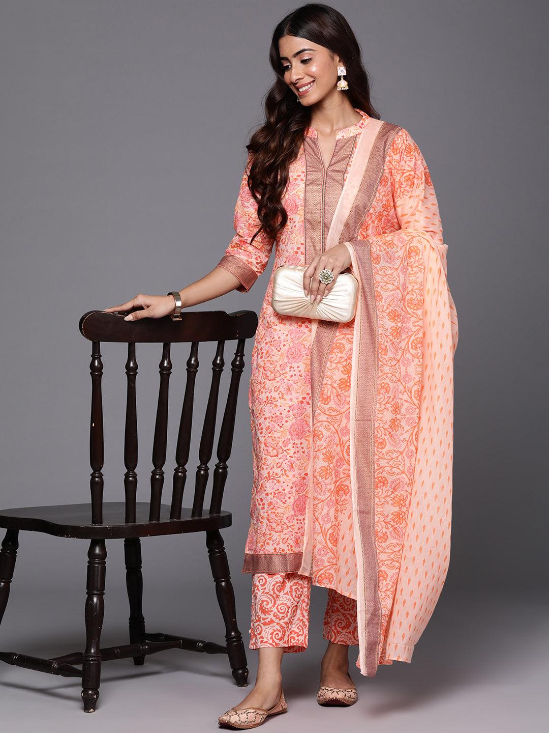 Peach Printed Cotton Straight Kurta With Trousers & Dupatta - Libas