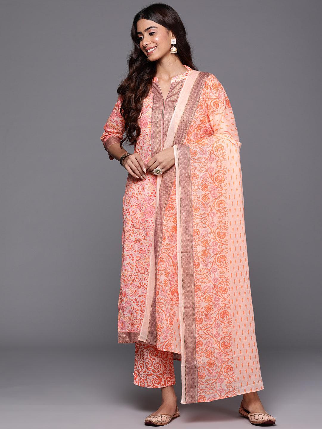 Peach Printed Cotton Straight Kurta With Trousers & Dupatta - Libas 