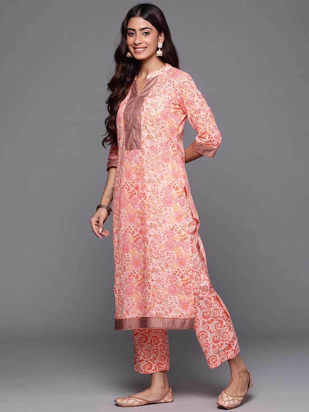 Peach Printed Cotton Straight Kurta With Trousers & Dupatta - Libas 