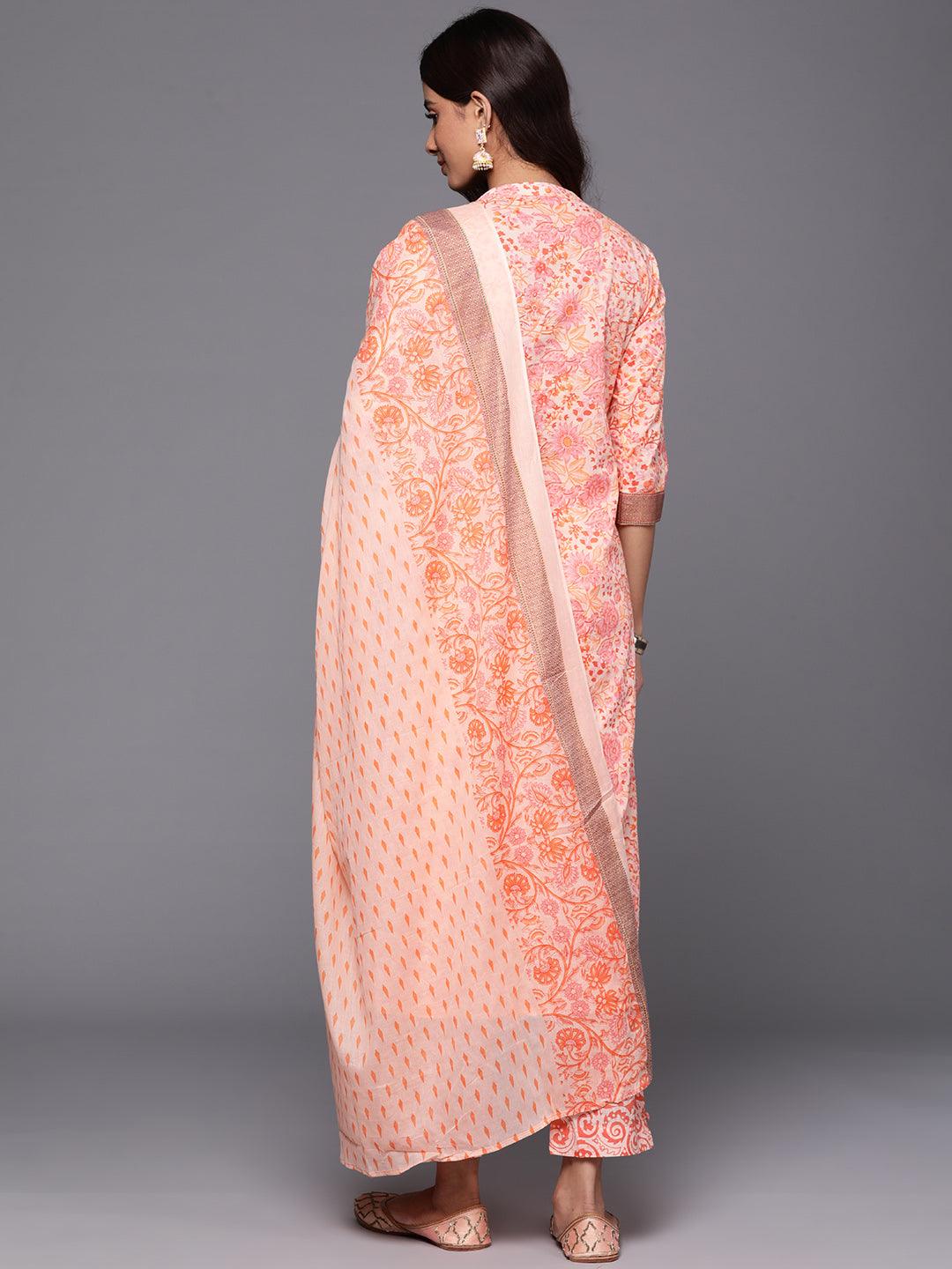 Peach Printed Cotton Straight Kurta With Trousers & Dupatta - Libas 